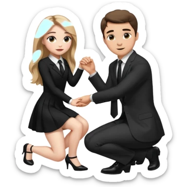  Sabrina carpenter kneeling down wearing a black dress with a tie, putting her hand on man’s leg who is standing  sticker