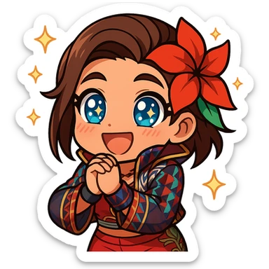 Azucena from Tekken 8 in chibi sticker style, with sparkly eyes and hands clasped in excitement, standard Twitch emote, wearing her detailed red and patterned outfit as shown in the reference images. sticker