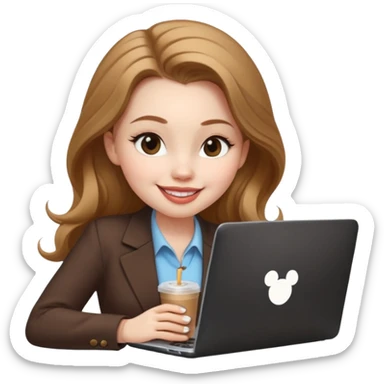 Women in front of one laptop that has a Mickey sticker on it, with a happy face, face a little fuller, lips plump, full eyebrows, long light brown hair, light brown big eyes, light pale skin with a iced coffee on the side, business attire, typing sticker
