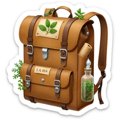 A sturdy, weathered leather backpack with metal-reinforced flaps. A rolled parchment and fresh herbs stick out from its pockets, while a small corked bottle rests at the front. It looks practical, rugged, and ready for any journey. sticker