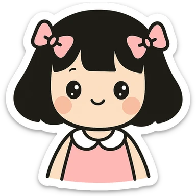 cute girl with black chanel haircut, pink bows in hair, coquette style sticker