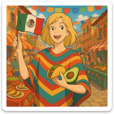 ghibli style cartoon of a tall blonde woman in a colorful poncho, smiling, holding a taco and avocado, waving a Mexico flag, festive street party background with food and decorations sticker