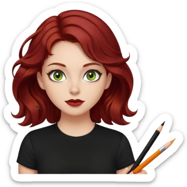 a pretty FAIR bratz girl with wavy dark red hair, wearing a black tee. eyeliner on, olive green eyes.  sticker