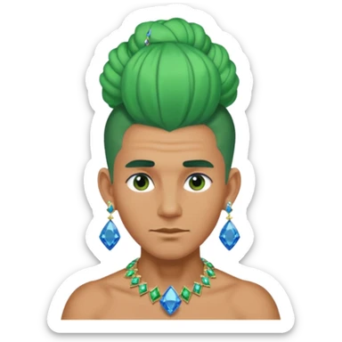 gem lover man with gem accessories excessive amount very big gem earrings green bun hair and blue diamonds  sticker