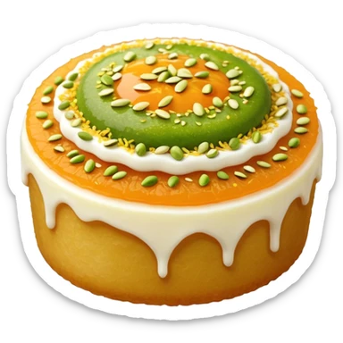 A small round emoji of traditional kanafeh with golden-orange crispy threads, a gooey white cheese center, and a light sprinkle of green pistachios. Warm and delicious-looking. sticker