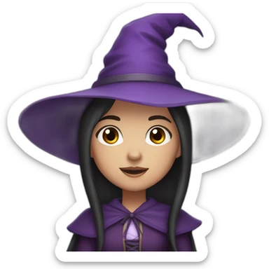 a young white brown thin girl with straight dark hair dressed as a purple witch sticker
