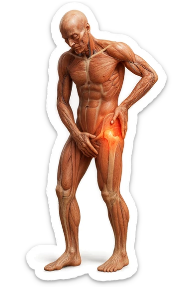 CORPO UMANO ANATOMICO A FIGURA INTERA REALISTICO CHE SI TOCCA L'ANCA INFIAMMATA, DOLORE ALL'ANCA, IPERREALISTICO 4K sticker
