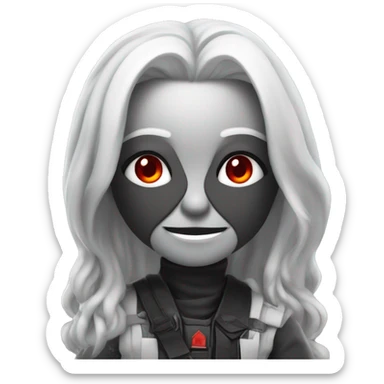 Specter, with long silver hair and red eyes, wears a revealing black and white outfit with tactical elements, striking a playful pose with a confident smirk. sticker