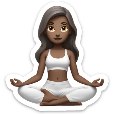 a girl with brown long hair, white skin tone with brown eyes, meditates in a relaxed lotus position in a comfortable monochrome white bra top and monochrome pink short skirt sticker