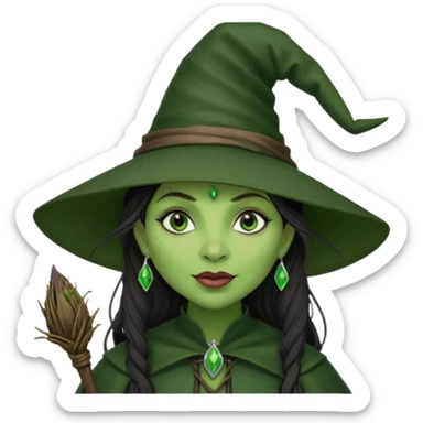 elphaba the wicked witch from wicked movie (cynthia erivo) dark long textured hair, thick lips, green skins, witch hat, witch broom sticker