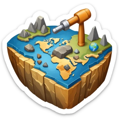 An icon featuring a rock hammer, a geological map, and layers of Earth’s crust, symbolizing geology. The design includes mineral samples, fossils, and tectonic plates, representing the study of Earth’s structure and natural processes. Transparent background highlights geological exploration sticker