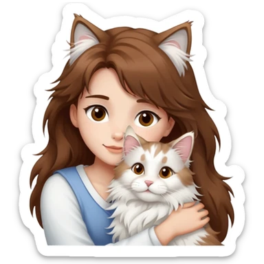 brown hair girl brown eyes hugging a white Maine Coon sticker