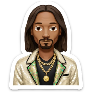 Snoop Dogg with long dark brown hair, ivory sequin jacket, black shirt with necklace sticker