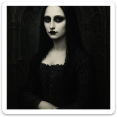 Gothic Mona Lisa, pale skin, black dress, gothic background sticker