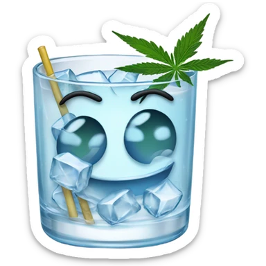 A smiling rocks glass filled with ice, cannabis garnish, straw and ice cubes sticker