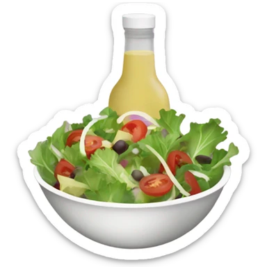 Bowl of (Mixed greens salad) with a side (bottle of vinaigrette) sticker