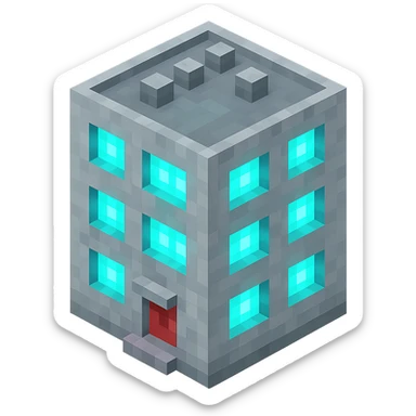 Russian panel apartment building, compact square block, light gray, UV glowing windows, isometric view sticker