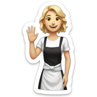 Slavic girl in a white T-shirt and black apron waves her right hand and smiles sticker