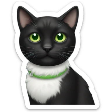 A black cat with green eyes with a white mustache, a white stripe on its nose, a full-length white breast and white paws sticker