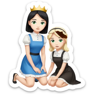 King, standig, black hair, blue eyes, garmont, and maid, blonde Hair, green eyes, white short sleveless dress, kneeling  sticker