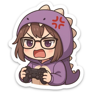 chibi anime style gamer girl with glasses, brown hair, dark purple eyes, wearing a purple dinosaur costume, making a rage emote sticker