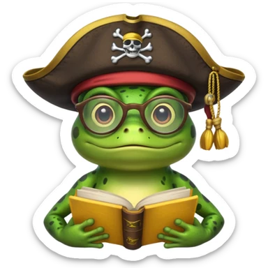 frog wearing pirate hat with glasses and yellow book sticker