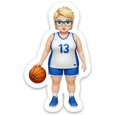 Full Body white plus size Girl with basketball spikey short brown and blonde hair  wearing blue glasses with green eyes wearing basketball uniform sticker
