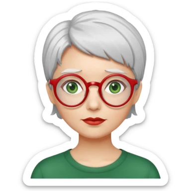 visage femme a lunettes ronde rouge fine avec cheveux courts gris-blancs aux yeux verts sticker