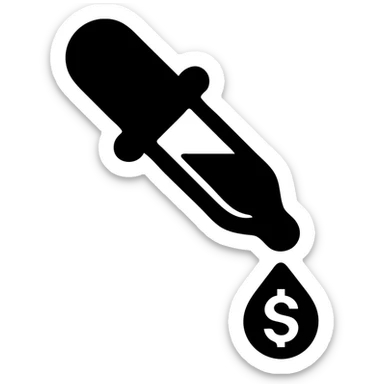 solid icon of a pipette with a golden drop, dollar sign inside the drop sticker