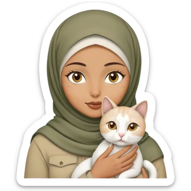 a woman with khaki colour hijab, brown eyes, holding a white cat sticker