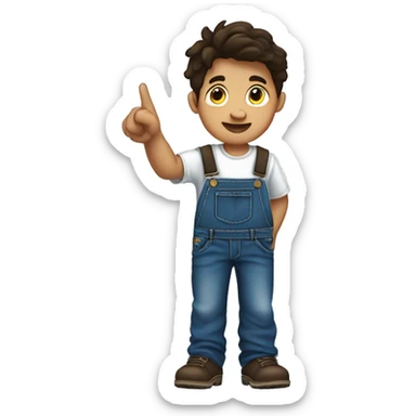 boy pointing to the sky, dark brown wavy hair, wearing blue jeans overalls and white shirt. half body. from behind sticker