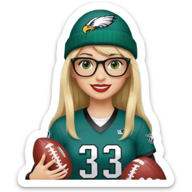 full length women wearing eagles uniform, long blonde hair, styled bangs, green eyes, black rectangle glasses, holding football, number 33, smiling, lipstick, eagles beanie sticker