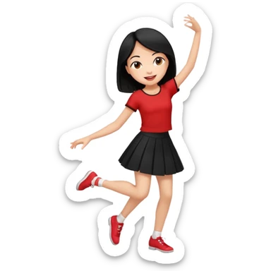 Chicas esbelta con falda corta negra y top rojo,pelo semi largo negro y lacio  super feliz,pero bailando sticker