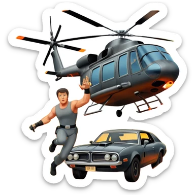 Icon for Action Movie: A vintage movie poster-style design featuring intense action scenes with explosions, weapons, and dramatic poses of Stallone. Include cars and helicopters flying out of flames in the background. Bold typography and retro cinematic style. Transparent background. sticker