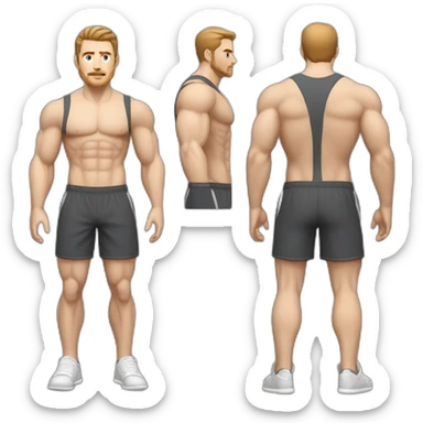 Full height Pale skinned muscular man With Realistic eyes and mouth, light brown hair and stubble In dark gray sleeveless mike, black oversize sports shorts, watch and white sneakers. sticker