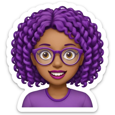 nerd emoji like with glasses showing only her 2 buck teeth but it’s a black girl with purple black curly hair face up only sticker