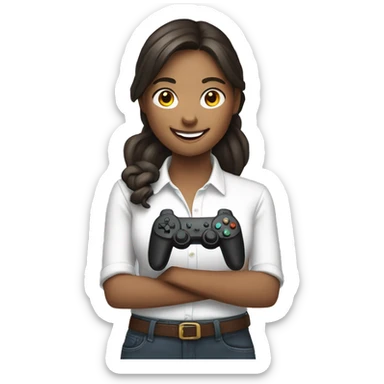 smiling girl in white shirt holding controller sticker