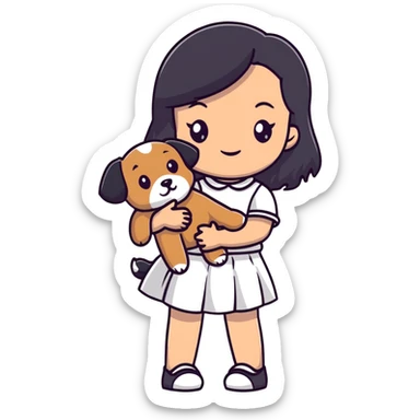 A beautiful girl with long straight black hair wearing a white skirt holding a small brown curly teddy dog sticker