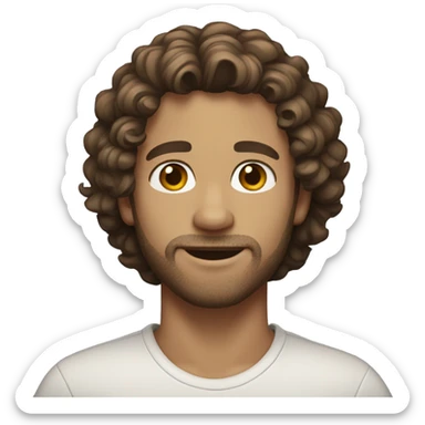 white male, long curly brown hair, brown glass stubble sticker