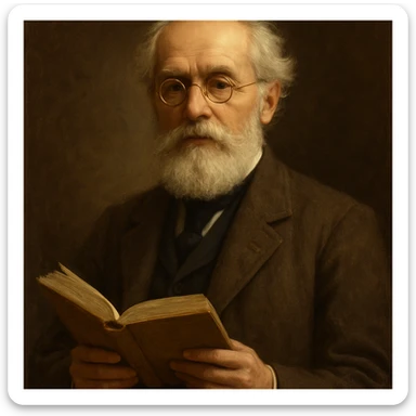 a wise poet with round gold spectacles, white beard, holding a book, scholarly and refined look sticker