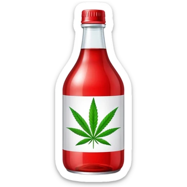 Red curved soda bottle with a cannabis leaf sticker