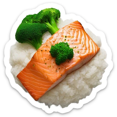Sautéed salmon on rice with steamed broccoli  sticker