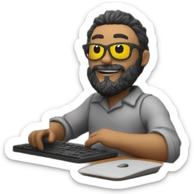 3d artist with beard sit on the PC with graphic tablet sticker