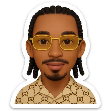 Create an emoji style smiley with a thin face, slightly lighter skin tone, beard only on the chin (no hair under the lower lip), mustache only above the upper lip, no hair under the lower lip, very detailed black braided hair as shown in the reference photos, rectangular golden sunglasses, beige top with GG pattern and visible collar, transparent background. Faithful details to the reference photos. sticker
