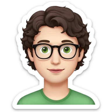 Young man with dark brown slightly wavy poofy hair (just a bit of curl, not too curly), green eyes wearing glasses, wide face with eyes set apart, bigger ears, very pale skin, slightly bigger nose, fuller darker pink lips with a smile, and very light stubble sticker