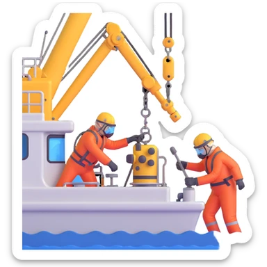 Scientists on Russian research ship using crane to collect ocean floor samples during rough seas sticker