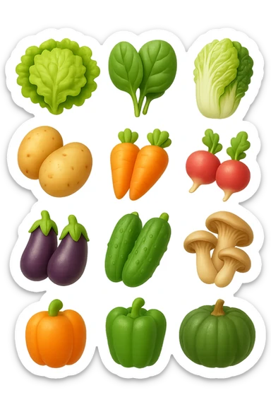 emoji stile iphone 3d di Lattuga, spinaci, cavolo cinese, cavolo nero
Patate, carote, rape, ravanelli
Melanzane, cetrioli, peperoni verdi
Funghi ostrica
Zucca kabocha
 che fluttuano in aria, iperealistico 4k sticker
