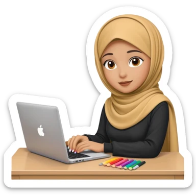 a hijab girl at a desk with a laptop and color swatches, Apple emoji style sticker