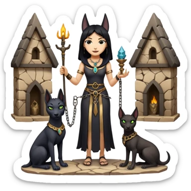 Smiling Witchy-mannered real Audrey Hepburn cleopatra Protecting silky black-haired tiny chained-slave-adorned statuette scale smoky-evil-eyed Anubis dessert scenery stone-age cracked irregular dwelling  sticker