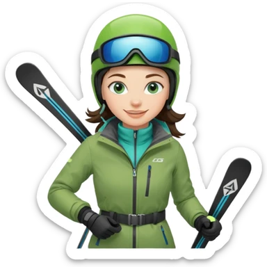 brunette with blue eyes skiing downhill in a green jacket sticker